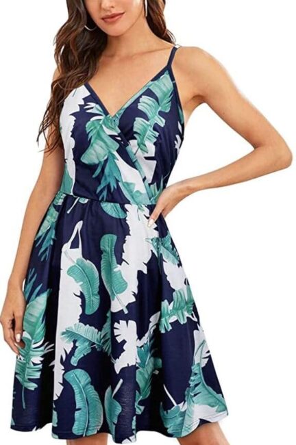 VOTEPRETTY v-neck spaghetti strip summer dress with pockets and blue and green leaves
