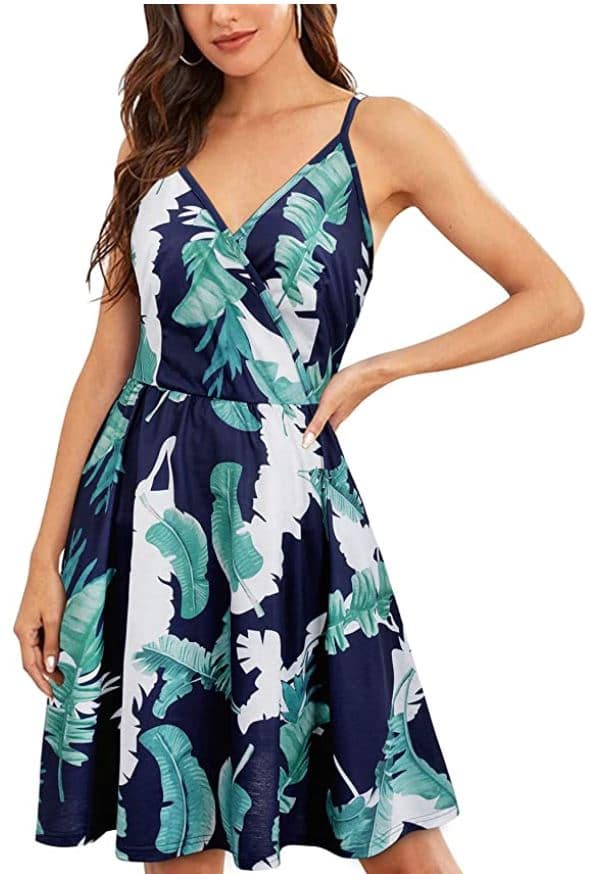 VOTEPRETTY v-neck spaghetti strip summer dress with pockets and blue and green leaves