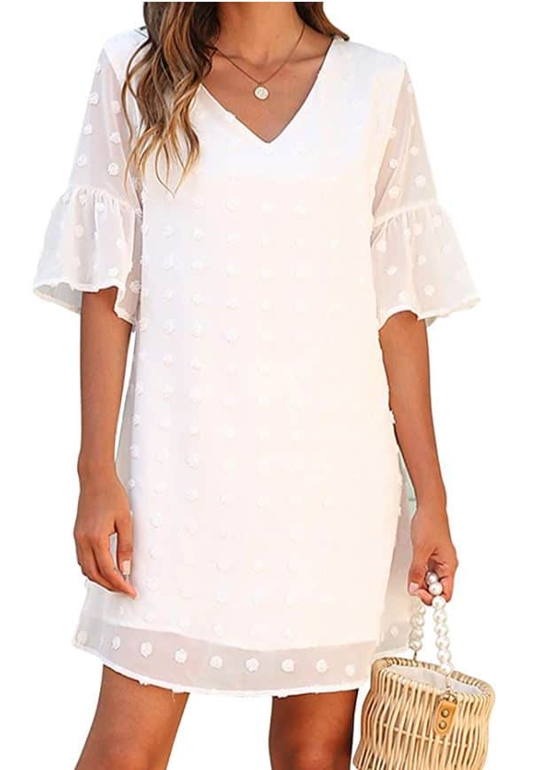 White Polka Dot Short Sleeve V Neck Chiffon Flowy Shift Mini Dress by Blooming Jelly for bridal shower for bride