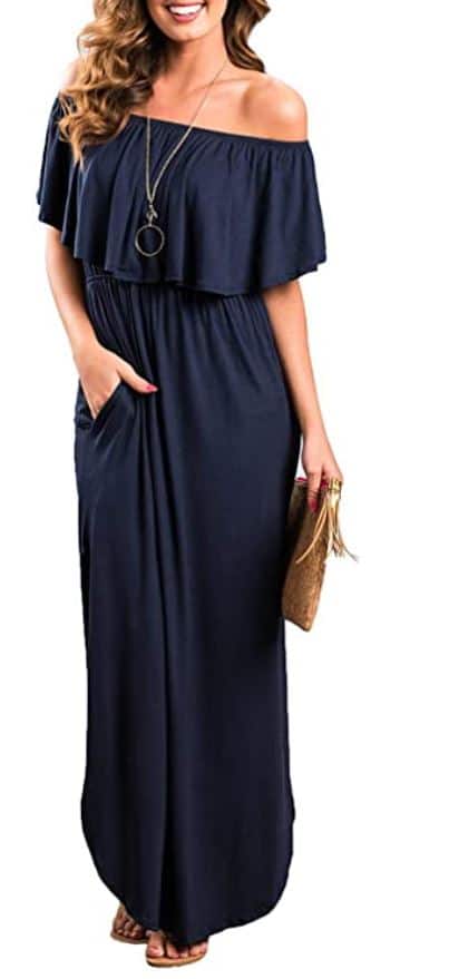 Womens Off The Shoulder Ruffle Party Dresses Side Split Beach Maxi Dress by THANTH in navy blue