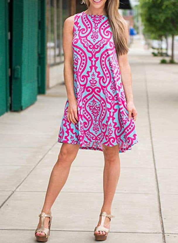 ZESICA Pink and Blue Pattern Women's Summer Sleeveless Damask Print Pocket Loose T-Shirt Dress for Apple Shape