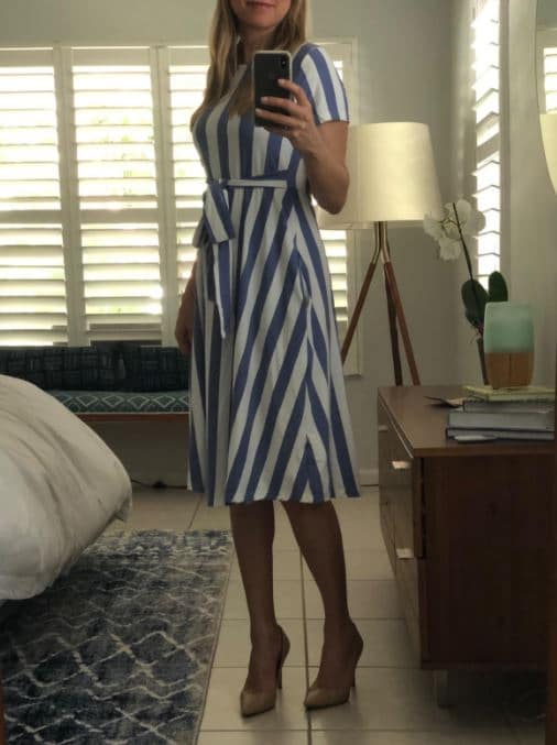 blue and white striped dress for work by Levaca