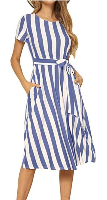 blue and white striped dress with pockets by Levaca on Amazon