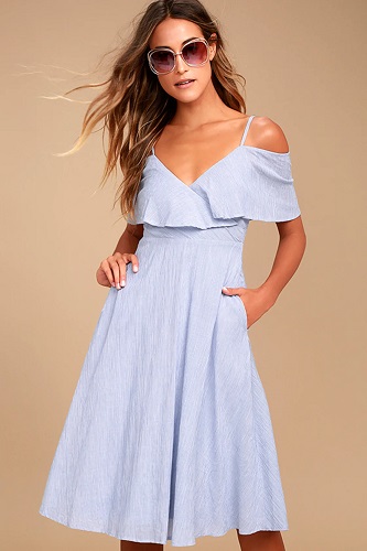 Yacht Rock Blue and White Striped Off-the-Shoulder Midi Dress