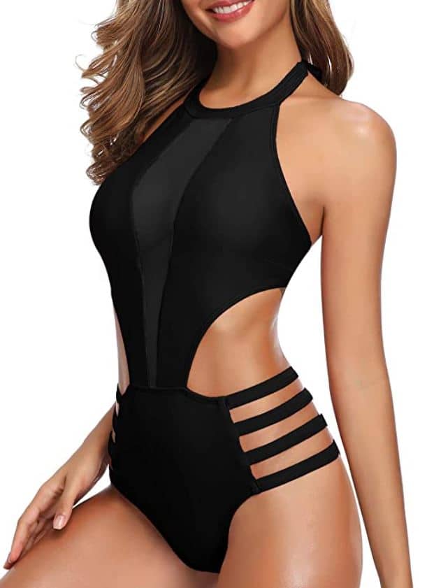 sexy black unique one piece swimsuit by Tempt Me with high neck, halter top, and cutouts with plunge neckline