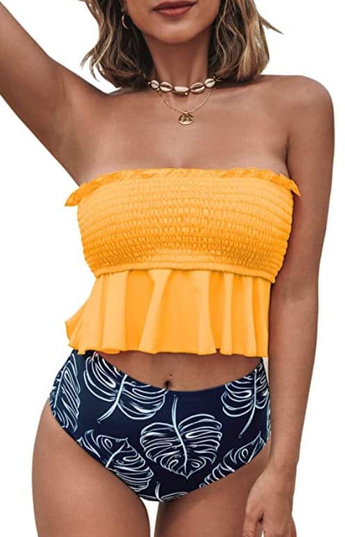 CUPSHE Women's High Waist Bikini Swimsuit Ruffle Smock Floral Print Two Piece Swimsuit with Yellow Top for Large Breasts and Tummy Control