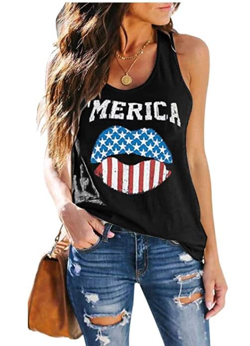 4th of July black tank top with 'Merica and stars and stripes lips