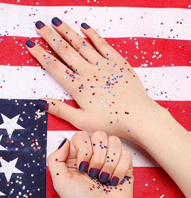 4th of July nail decals with confetti stars, glitter, and sparkly nail ideas