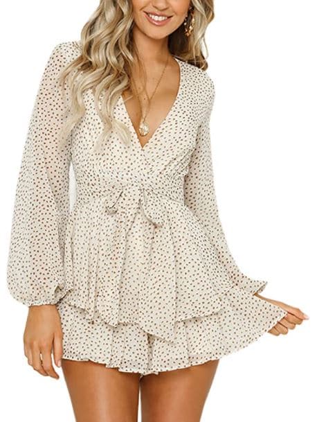 AIMCOO polka dot cream v neck jumper romper for women with ruffle hem