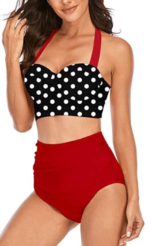 Angerella high waist polka dot red and black tankini for big busts with underwire
