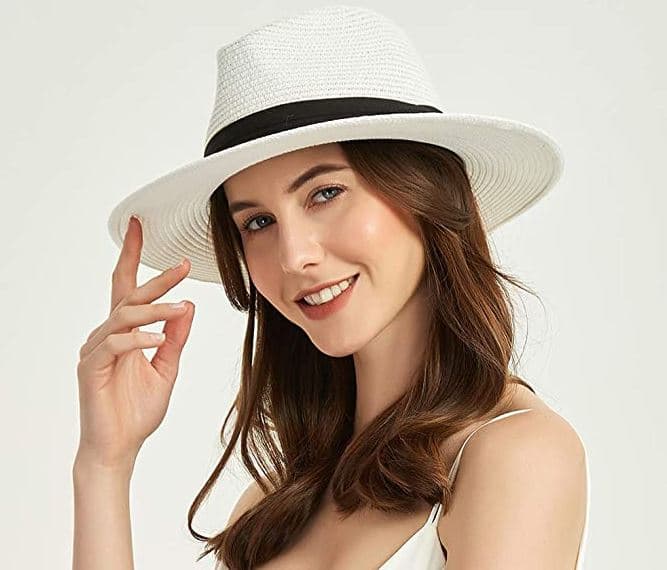 Anycosy Straw Hat for Women Beach Hats Summer Sun Panama Wide Brim Floppy Fedora Cap in white