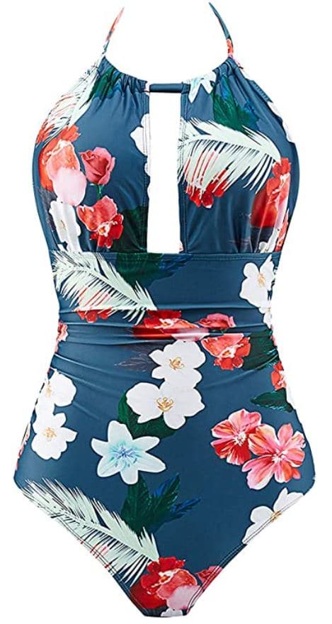 B2prity Women One Piece Swimsuit Tummy Control Swimwear V Neck Swimsuit with Floral Print for Big Busts