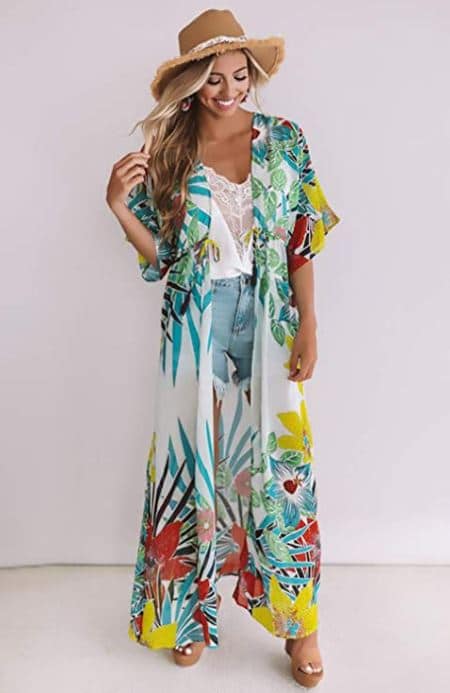Barlver tropical beach floral green, yellow, and red cover up, chiffon, maxi cardigan