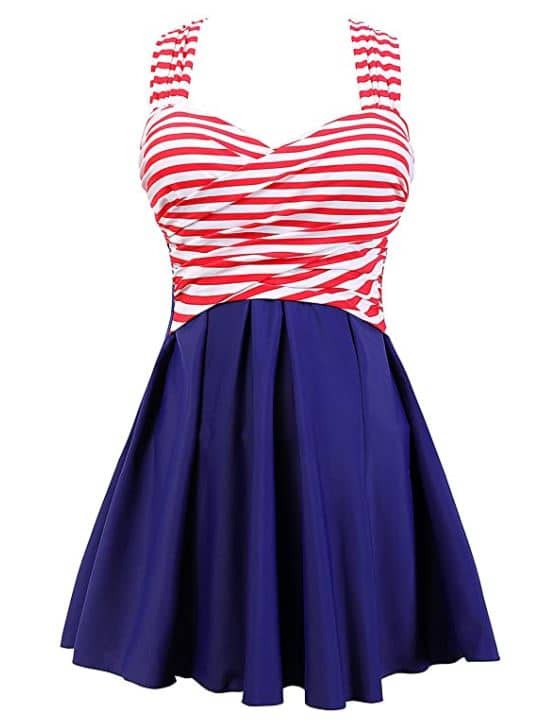 COCOPEAR 4th of July bathing suit swimdress with blue skirt and red and white stripes