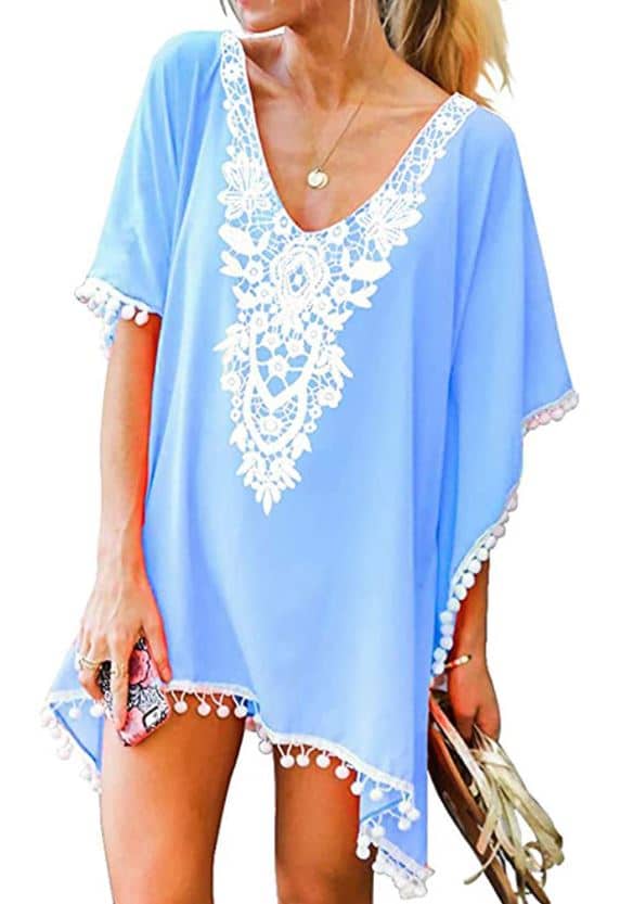 light blue CPOKRTWSO Crochet Chiffon Tassel Cover Up for women on Amazon