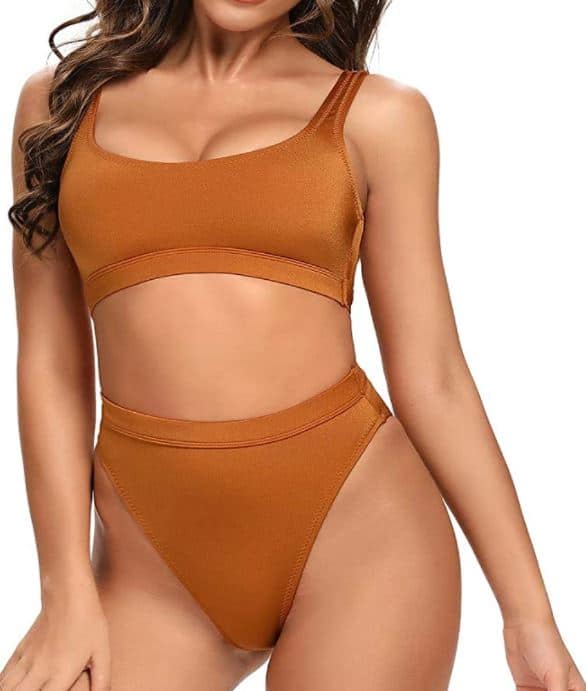 Dixperfect Two Piece Bikini sexy swimsuit for big thighs with high cut bikini in brown and orange