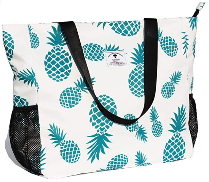 ESVAN LARGE BEACH BAG Water Resistant Lightweight 20 inch Women Oversize Tote Bag for Gym Beach with Zipper in white with blue and green pineapples