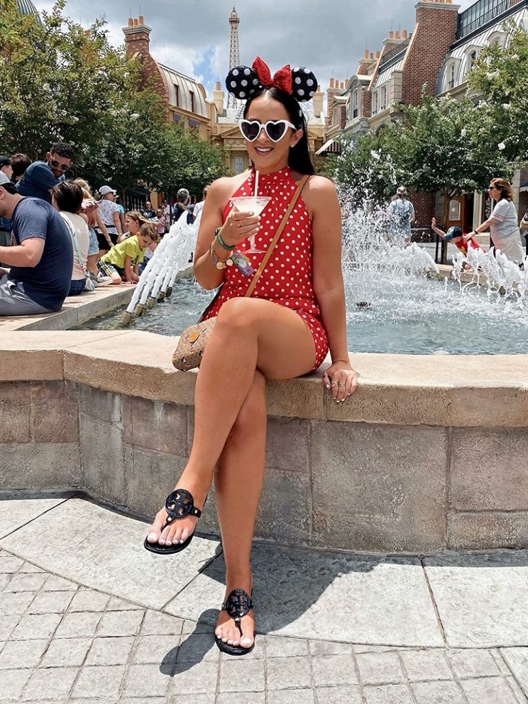 cute Epcot outfit for women with red and white polka dot romper