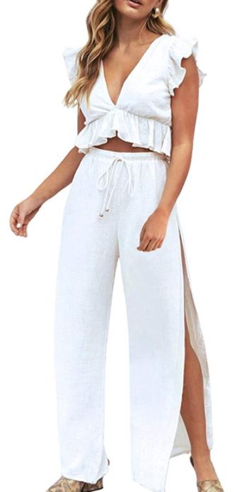 FANCYINN Womens 2 Pieces Outfits Deep V Neck Crop Top Side Slit Drawstring Wide Leg Pants Set Jumpsuits in white
