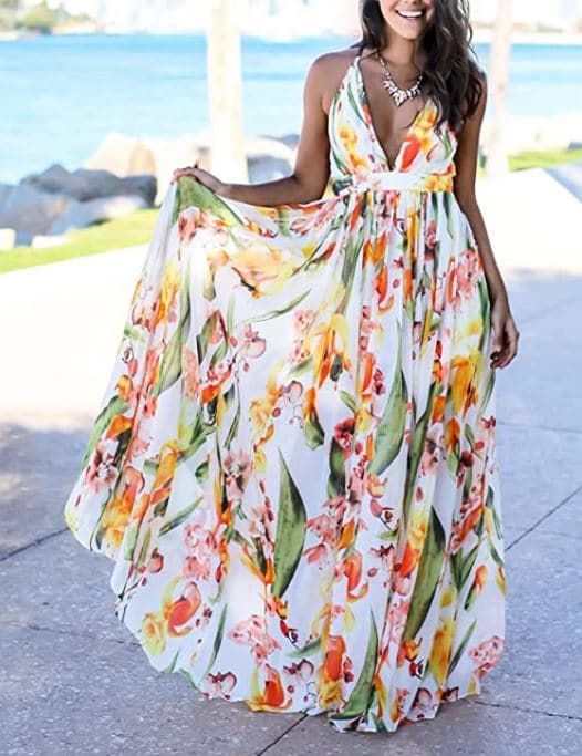 sexy, cute deep v neck tropical floral print maxi dress for beach vacation outfits