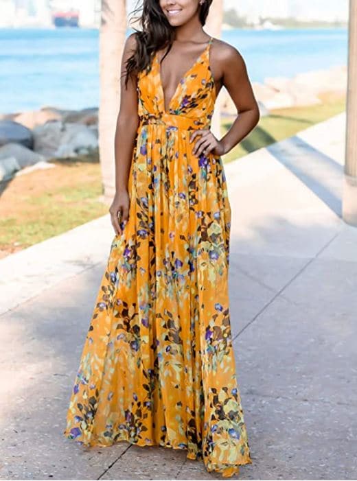 FANDEE Summer Dresses for Women Maxi Sexy Strap Floral Chiffon V Neck in yellow for beach vacation outfit