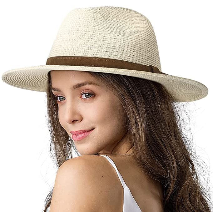FURTALK womens wide brim straw panama fedora beach hat in beige