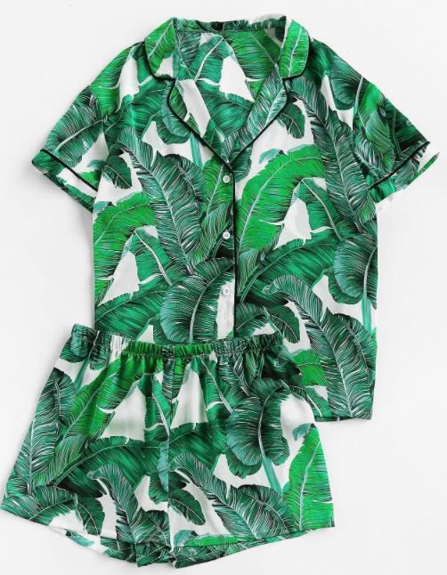 cheap bridesmaid pajamas by Floerns Women's Notch Collar Palm Leaf Print Sleepwear Two Piece Pajama Set in green