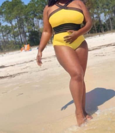 flattering yellow one piece swimsuit for black, African American curvy women by Hilor