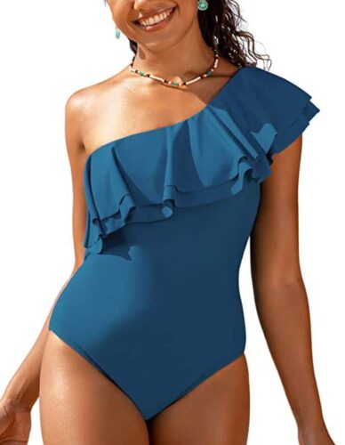 Hilor Women's One Shoulder Swimwear Asymmetric One Piece Swimsuits Ruffled swimsuit for pear shape