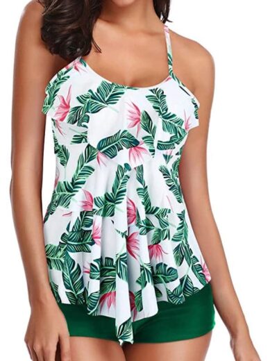 Holipick Women Tankini Swimsuits Layered Ruffle Flounce Tankini Top for apple shape