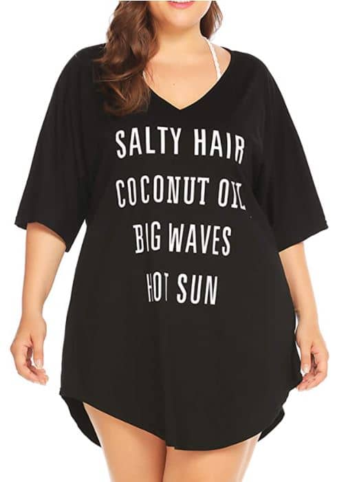IN'VOLAND Plus Size T-Shirt Cover Up with salty hair, coconut oil, big waves, hot sun letters