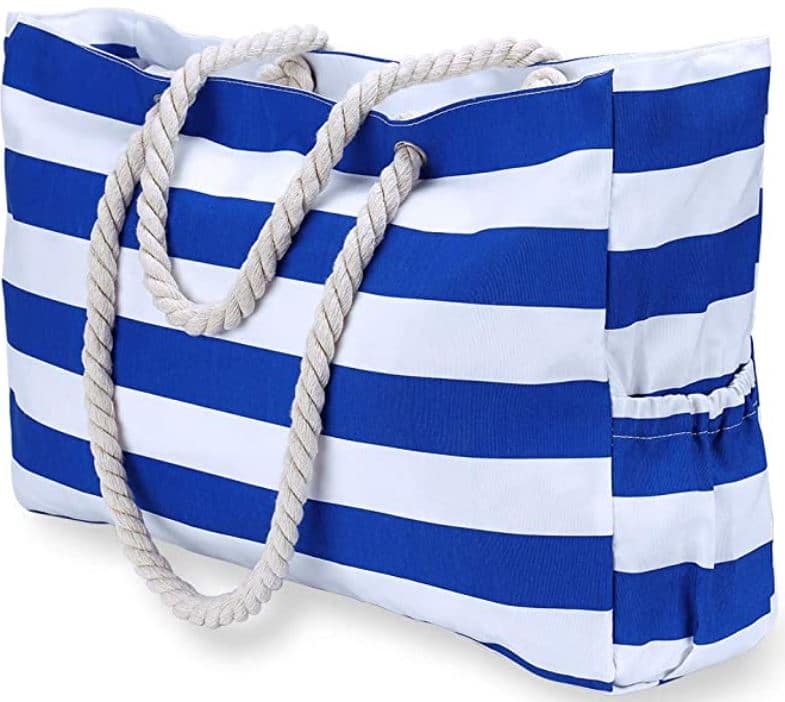 KUAK Beach Bag, Extra Large Canvas Beach Tote with 100% Waterproof Phone Case, Top Zipper, Cotton Rope Handles with Blue and White Stripes