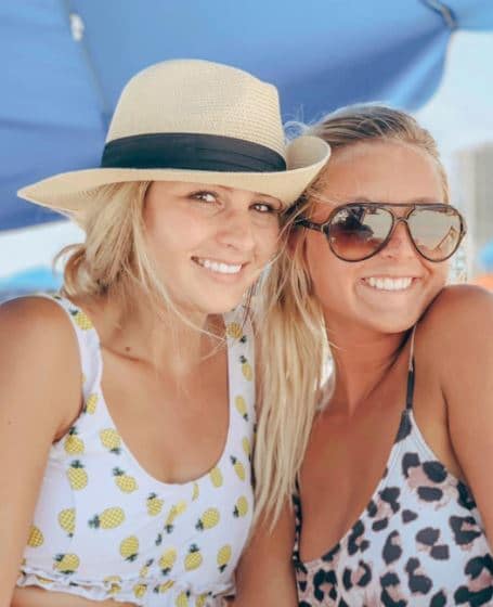 Lanzom light khaki Fedora beach hat on Amazon with cute bikini for women