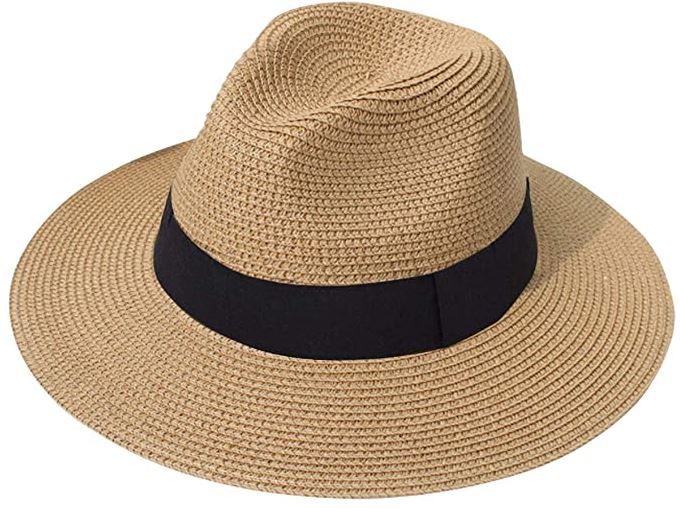 Lanzom wide brim straw Paama Fedora beach hat for women in A brown