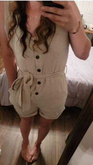 cute cream linen romper for women with buttons