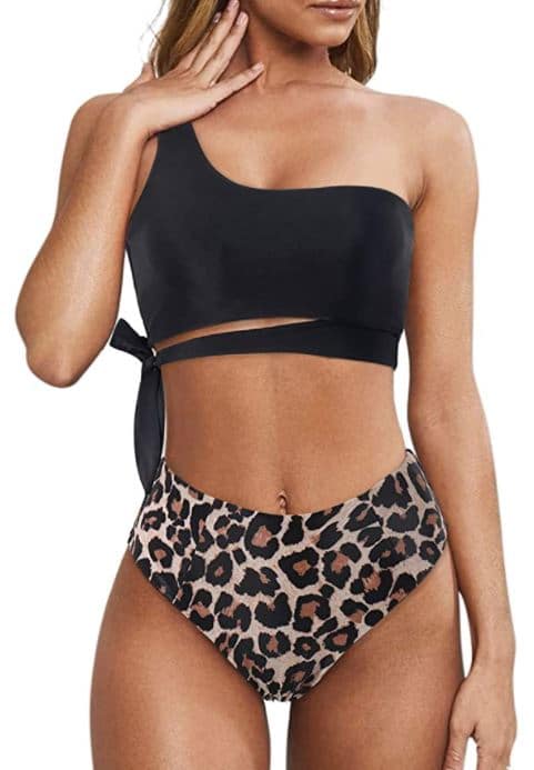 MOOSLOVER Women One Shoulder High Waisted Bikini Tie High Cut cute leopard swimsuit
