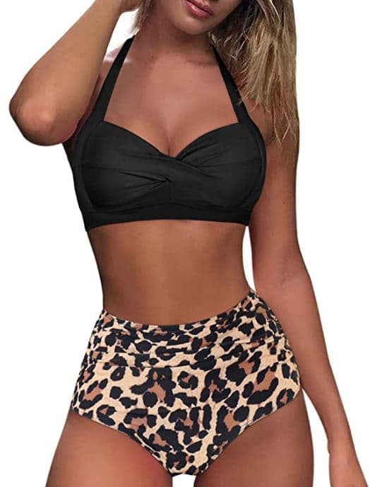 RXRXCOCO Women Vintage Underwire High Waisted Swimsuit Two Pieces Halter Ruched cute leopard bikini