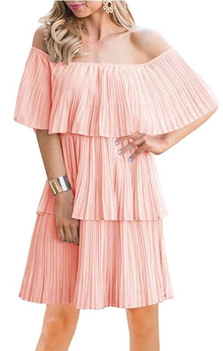 Soesdemo Women's Casual Off The Shoulder Sleeveless Tiered Ruffle Pleated Short Party Beach Dress for weddings and to hide belly bulge and tummy