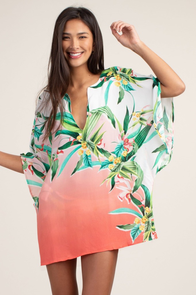 Trina Turk Colorful Beach Cover Up with Hawaiian Print and Flowers