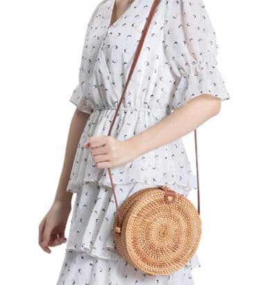 cheap Handwoven Round Rattan Bag Shoulder Leather Straps Natural Chic Hand