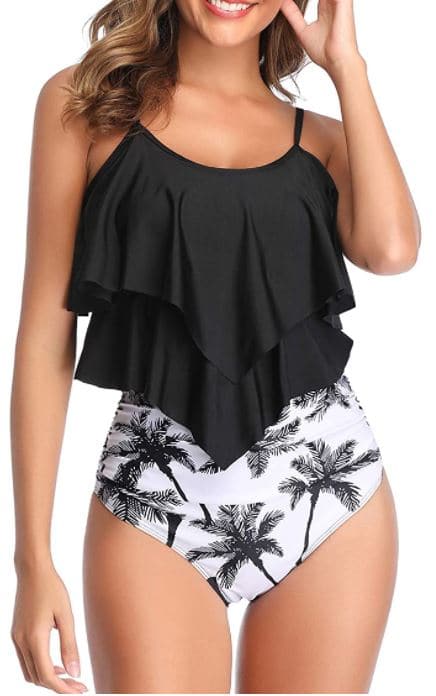 Zando high waisted two piece tankini in black and white with palm trees