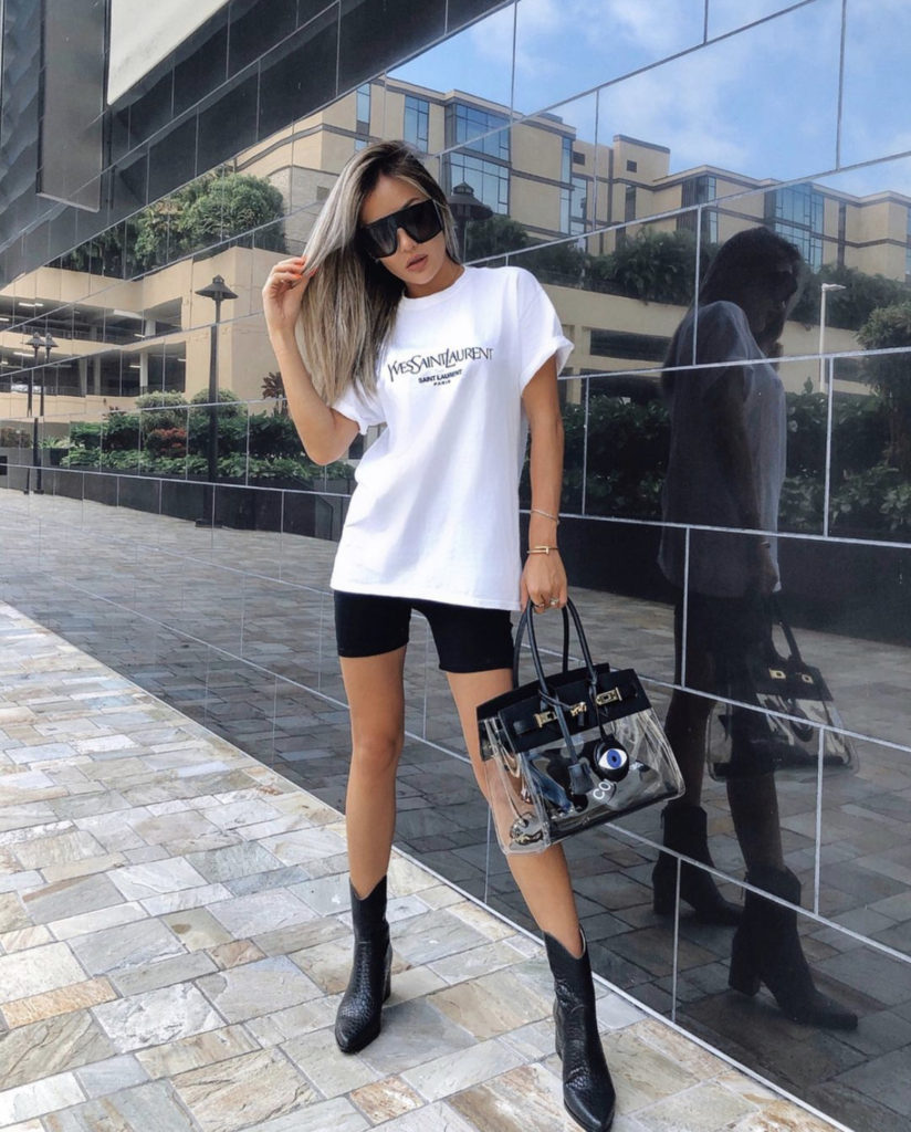baddie outfit for girls and women with biker shirt, white t-shirt, black boots