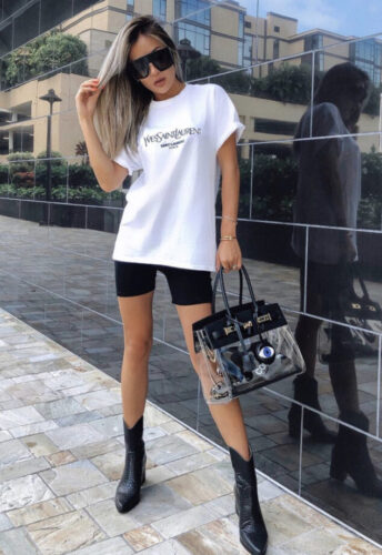 baddie outfit for girls and women with biker shirt, white t-shirt, black boots