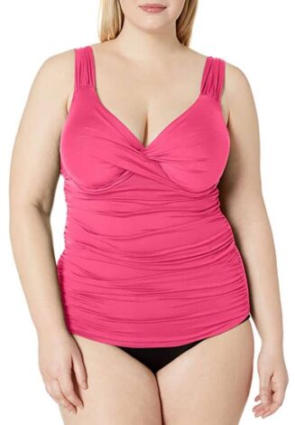 best plus size tankini to cover stomach with tummy control and underwire for big busts in plus size by Anne Cole in pink and black