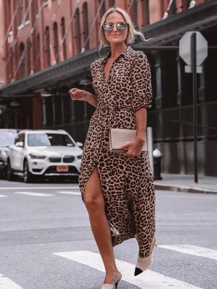 Leopard Print Outfit Idea with Leopard Print Dress and Tan Heels