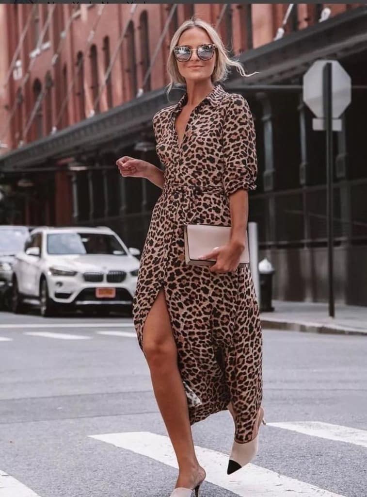 Leopard Print Outfit Idea with Leopard Print Dress and Tan Heels