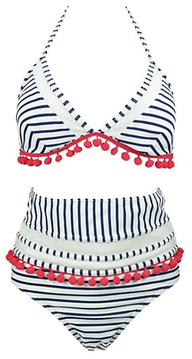COCOSHIP Women's Mesh Striped High Waist Bikini Set Tassel Trim Top Halter Straps Swimsuit in navy, white, and pink for curvy women on Amazon