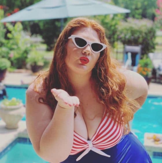 COCOSHIP Sailor Pin Up Swimdress with blue and red stripes for plus size, curvy, and 4th of July