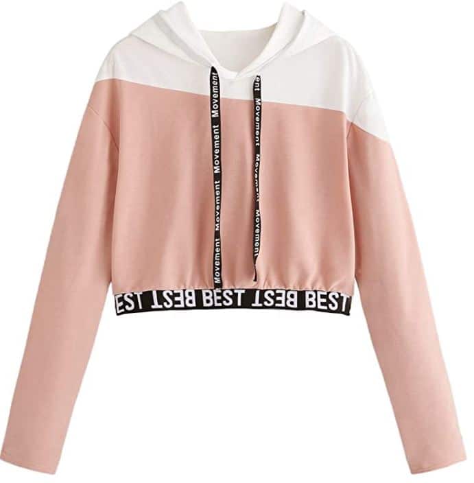 SweatyRocks Women's Letter Print Color Block Long Sleeve Crop Top Hoodie for baddie outfits in light pink and white