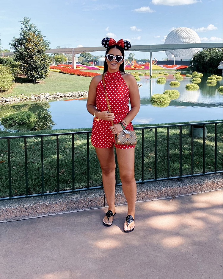 cute Disney Epcot outfit with polka dot romper